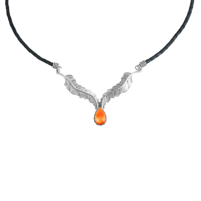 Sterling Silver Orange Spiny Oyster Black Leather Feather Design Necklace