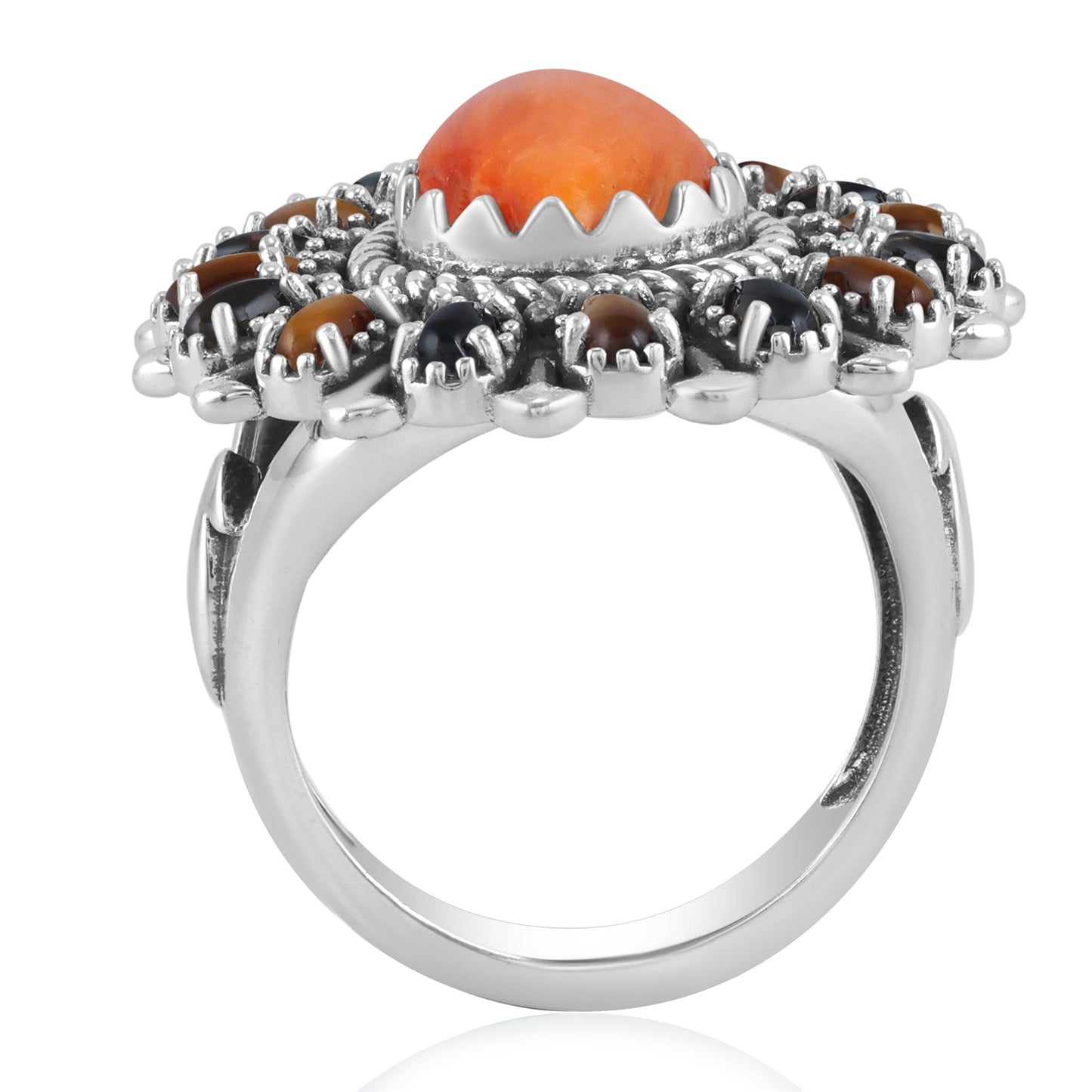 Sterling Silver Orange Spiny Oyster, Tiger's Eye and Smoky Quartz Pear-Shaped Cluster Ring