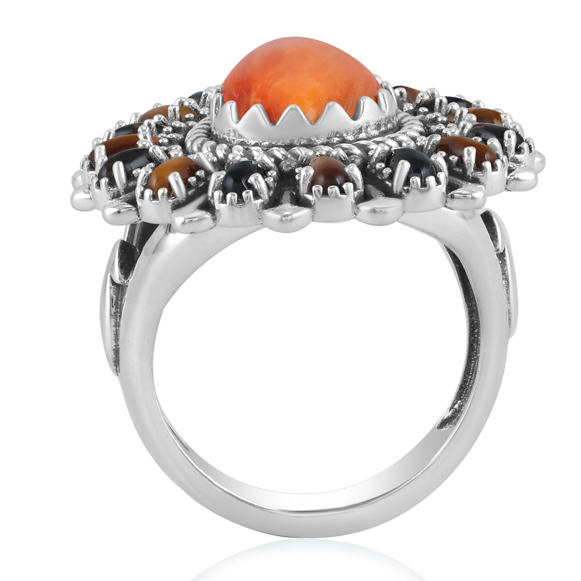Sterling Silver Orange Spiny Oyster, Tiger's Eye and Smoky Quartz Pear-Shaped Cluster Ring