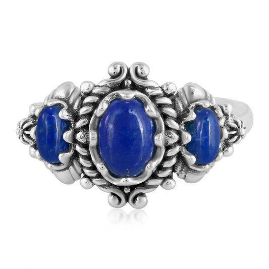 Sterling Silver Lapis 3-Stone Oval Scalloped Bezel Ring, Sizes 5 to 10