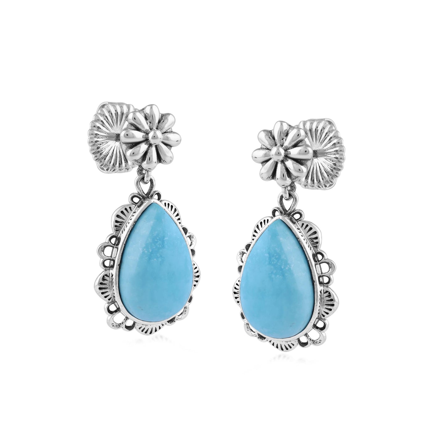  Sterling Silver Kingman Turquoise Pear-Cut Concha Dangle Earrings