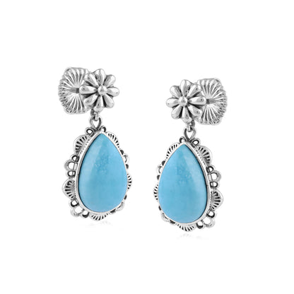  Sterling Silver Kingman Turquoise Pear-Cut Concha Dangle Earrings