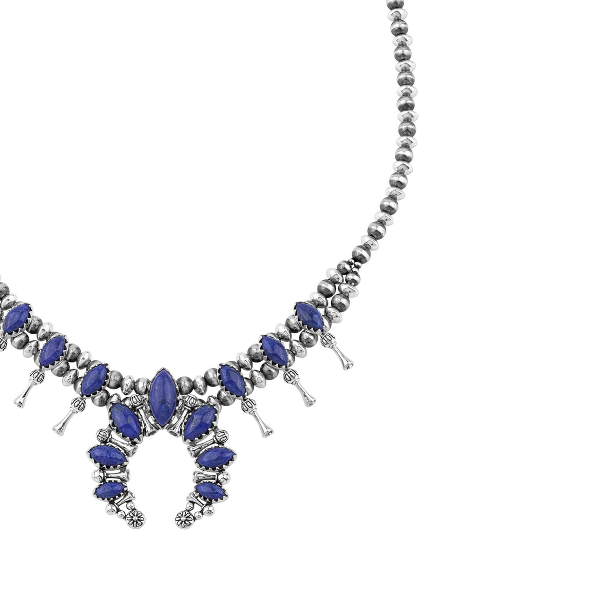 Sterling Silver Lapis Marquise-Cut Squash Blossom Necklace, 17 to 20 Inches