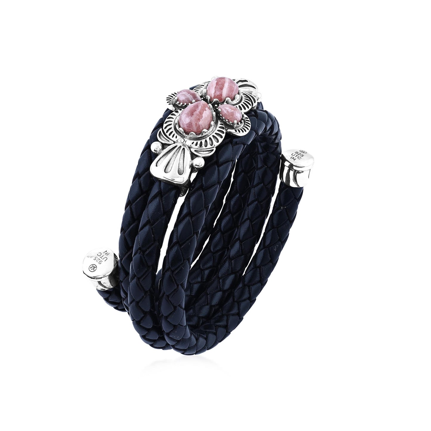  Sterling Silver Rhodochrosite Pear Cluster Black Leather Wrap Bracelet 