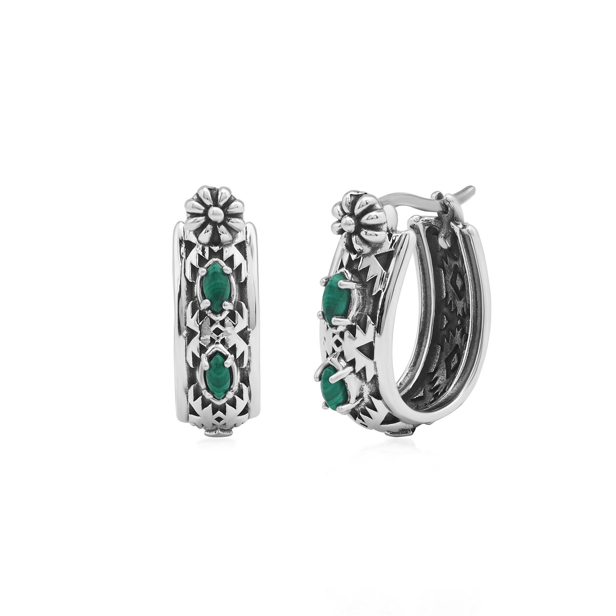 EXCLUSIVELY OURS! Sterling Silver Malachite Marquise Cut Concha Hoop Earrings
