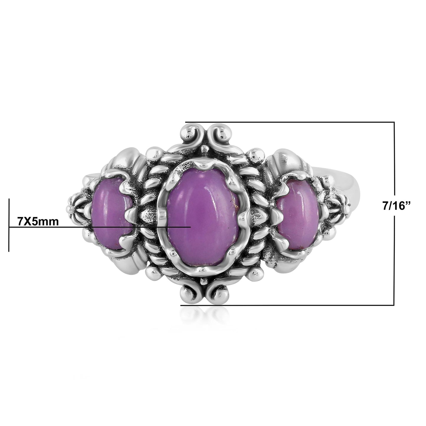 Sterling Silver Phosphosiderite 3-Stone Oval Scalloped Bezel Ring, Sizes 5 to 10