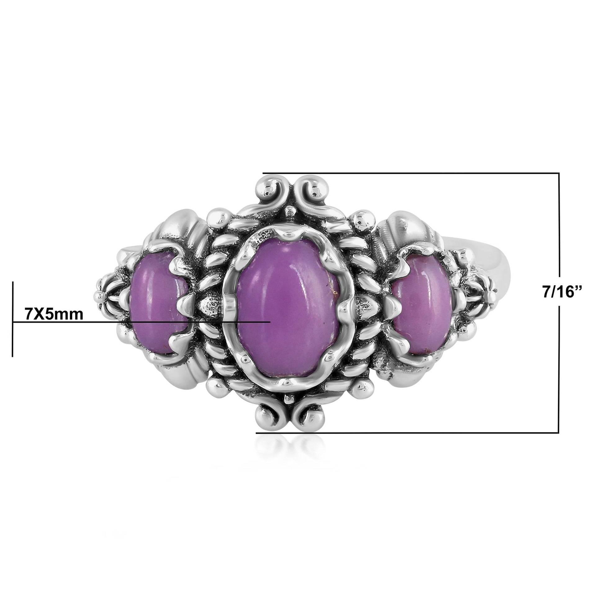 Sterling Silver Phosphosiderite 3-Stone Oval Scalloped Bezel Ring, Sizes 5 to 10