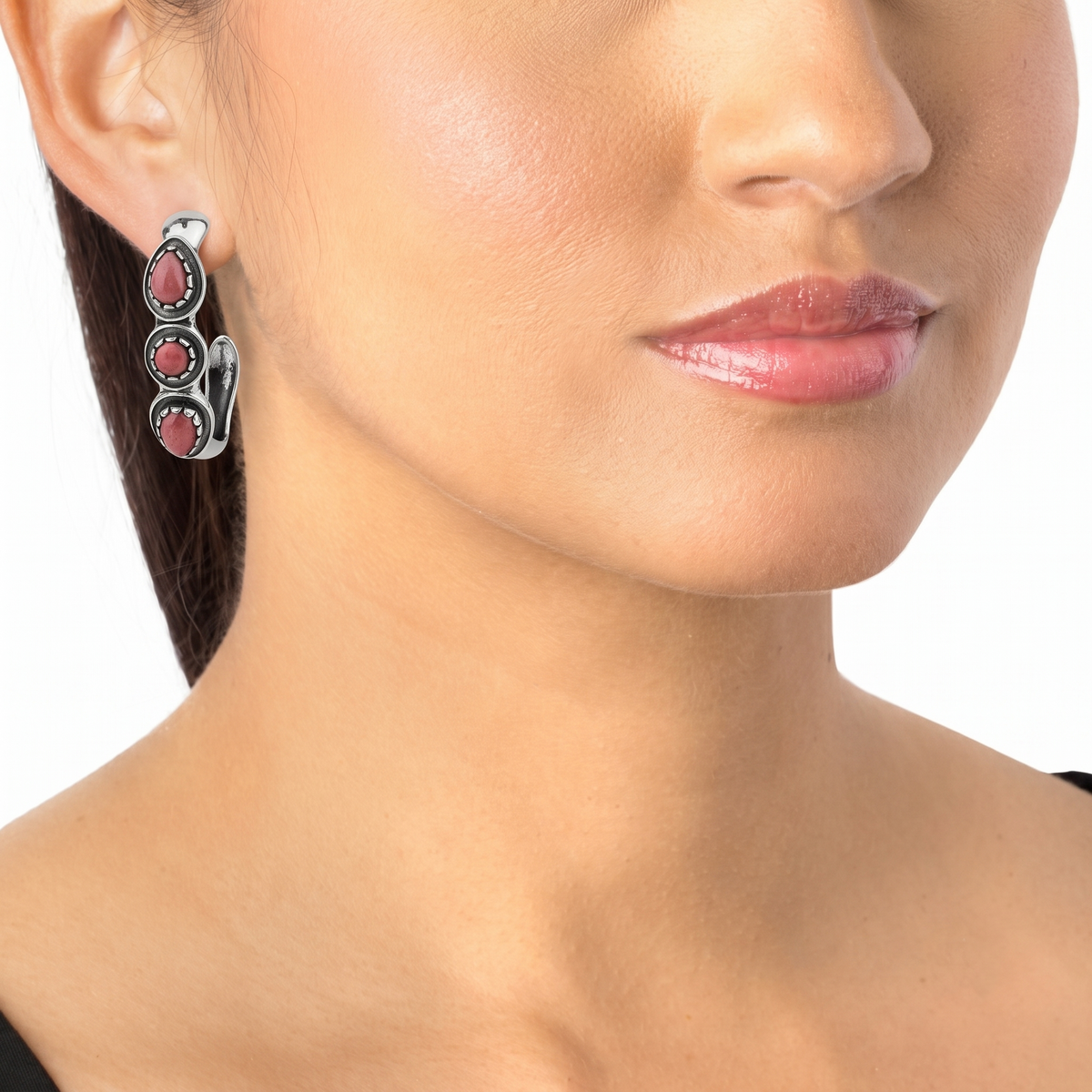 EXCLUSIVELY OURS! Sterling Silver Rhodonite Pear and Round Cut Hoop Earrings