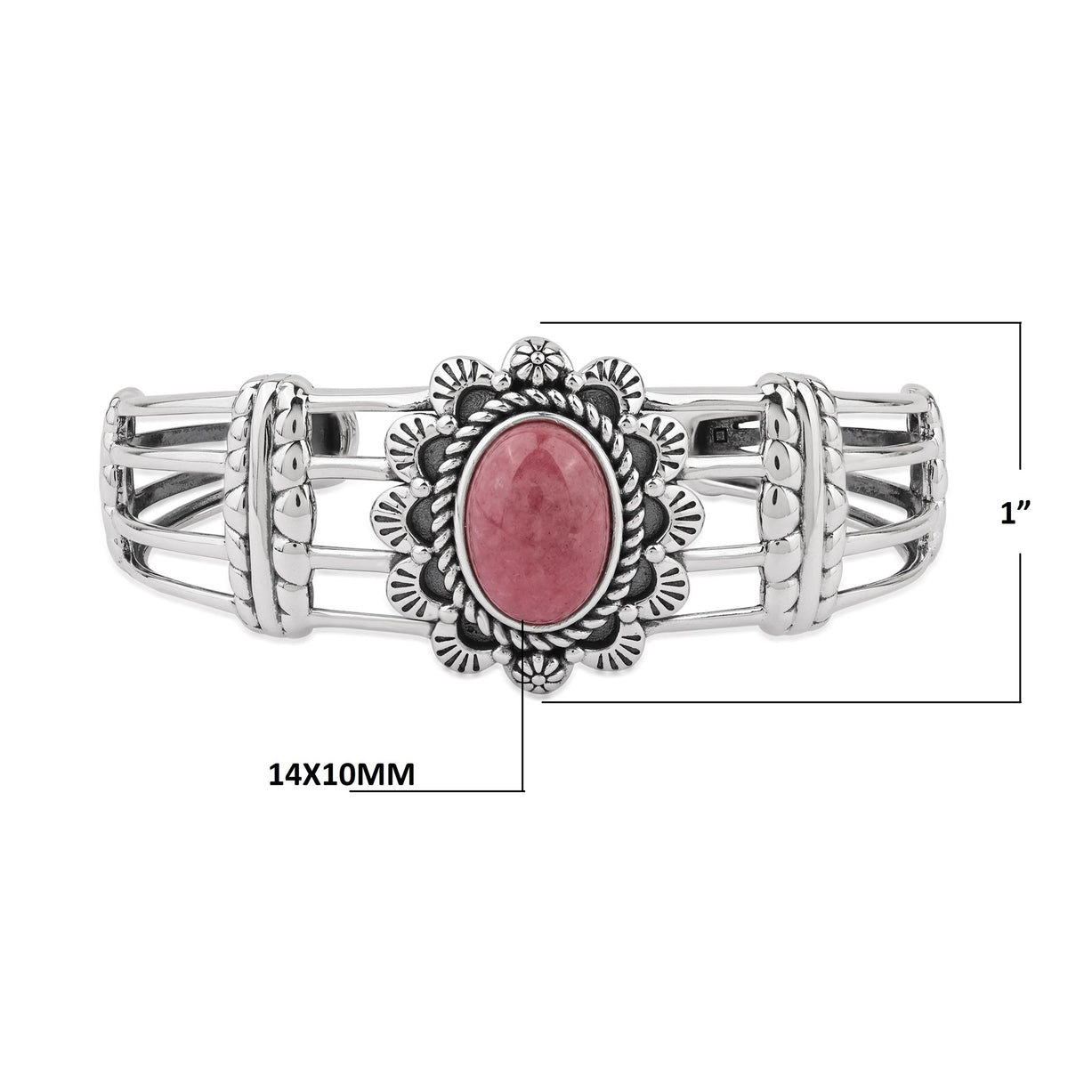 Sterling Silver Rhodonite Oval Scallop Open Cuff Bracelet