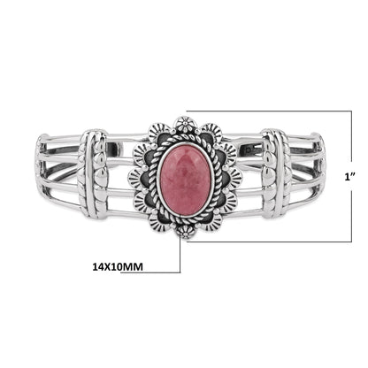 Sterling Silver Rhodonite Oval Scallop Open Cuff Bracelet