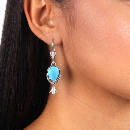 Sterling Silver Kingman Turquoise Pear Squash Blossom Dangle Earrings