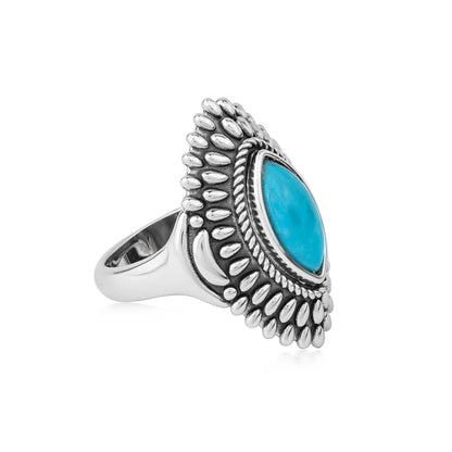 Sterling Silver Kingman Turquoise Marquise Rope and Bead Ring