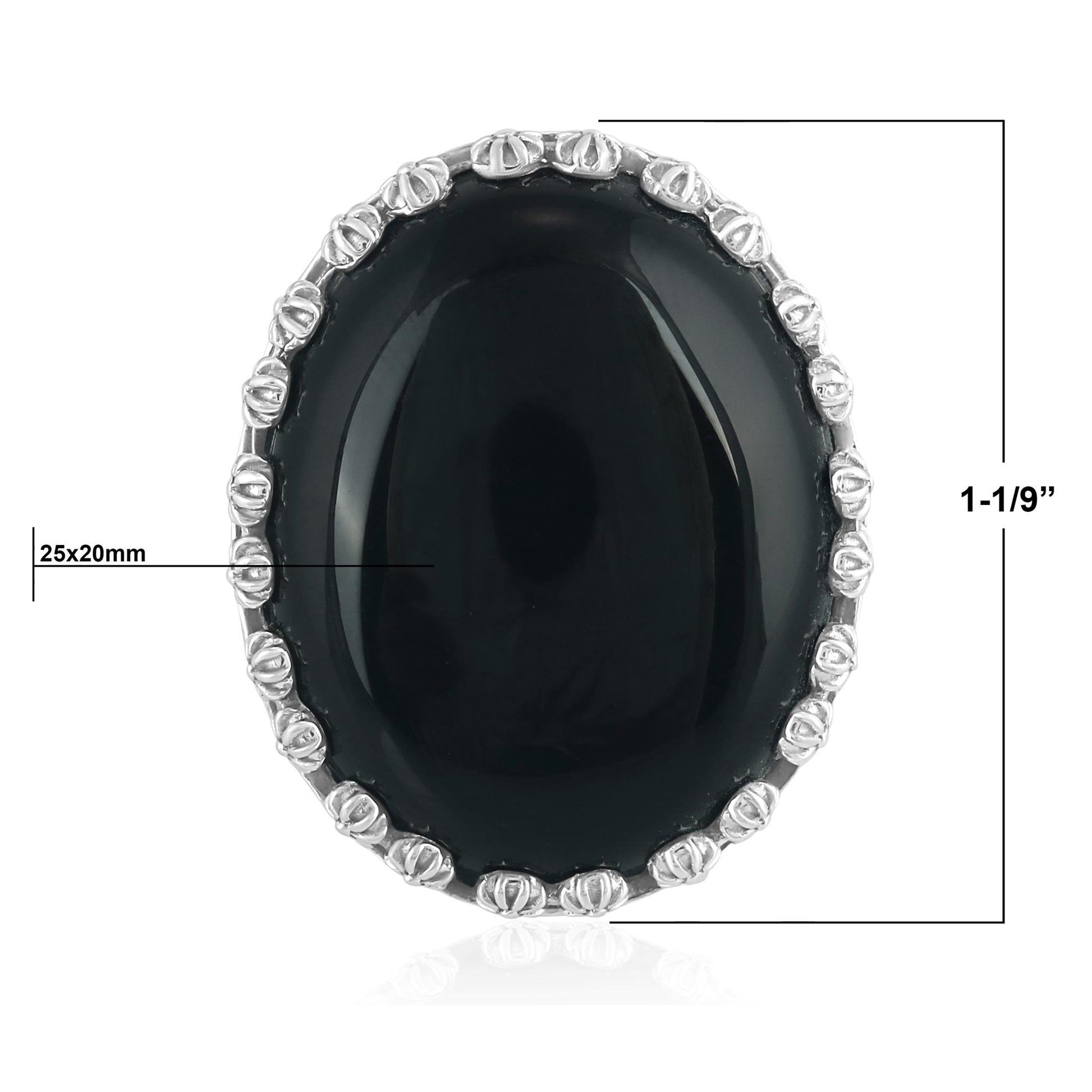 Sterling Silver Black Onyx Concha Flower Border Oval Cut Ring