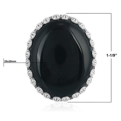 Sterling Silver Black Onyx Concha Flower Border Oval Cut Ring