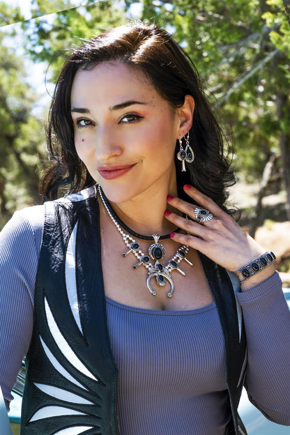 EXCLUSIVELY OURS! Sterling Silver with Black Agate Gemstone Leaf and Squash Blossom Design Women's Drop and Dangle Earrings