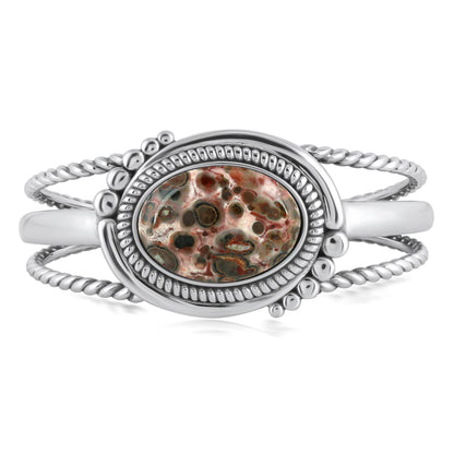 Sterling Silver Oval Leopard Jasper Rope Cuff Bracelet, Size Medium to Large