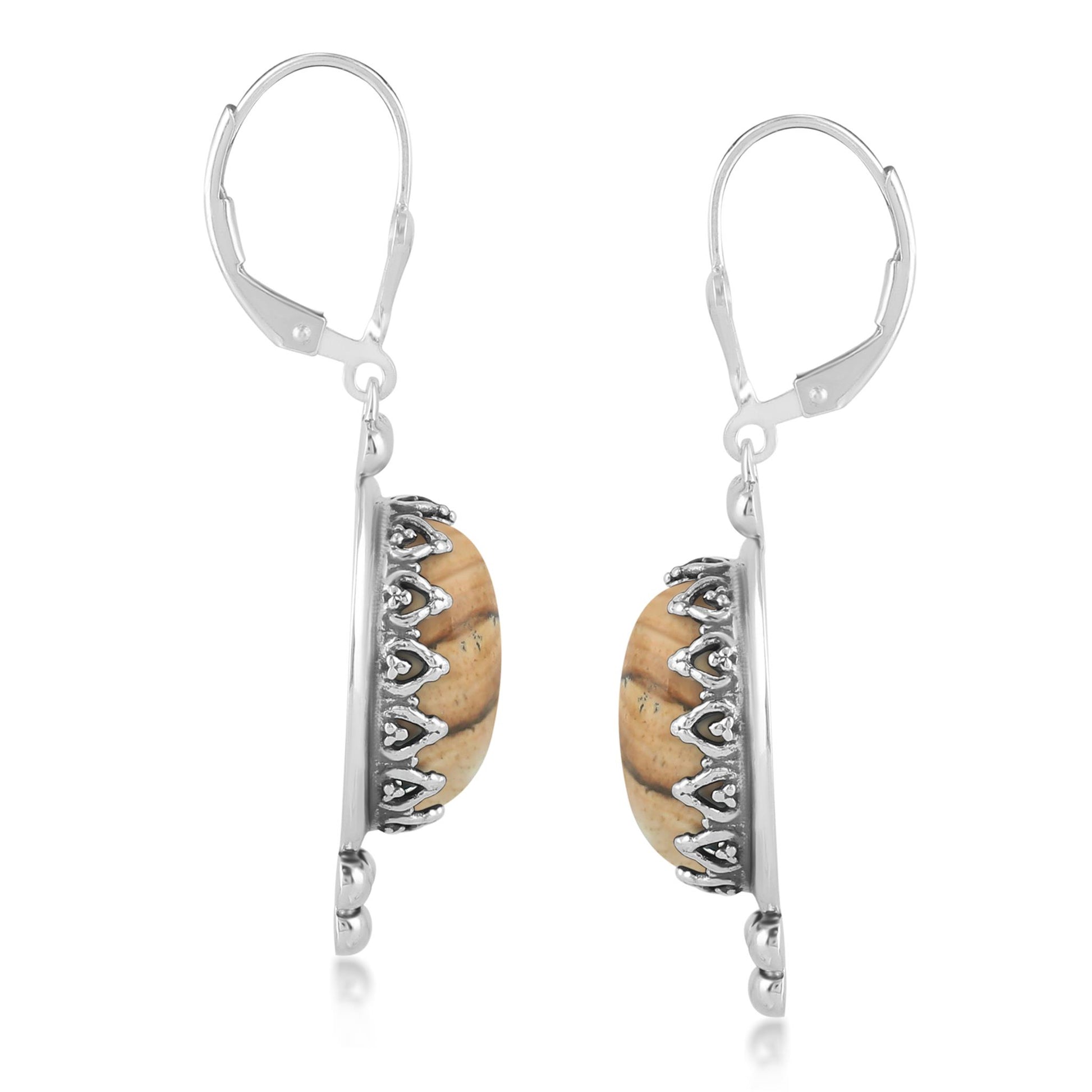 Sterling Silver Picture Jasper Gemstone Crown Detail Lever Back Earrings