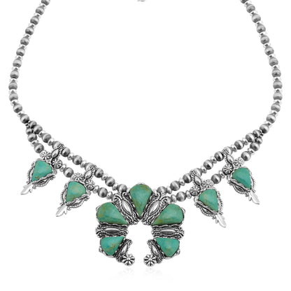 Sterling Silver Green Turquoise Pear Gemstone Squash Blossom Necklace, 17 to 20 Inches