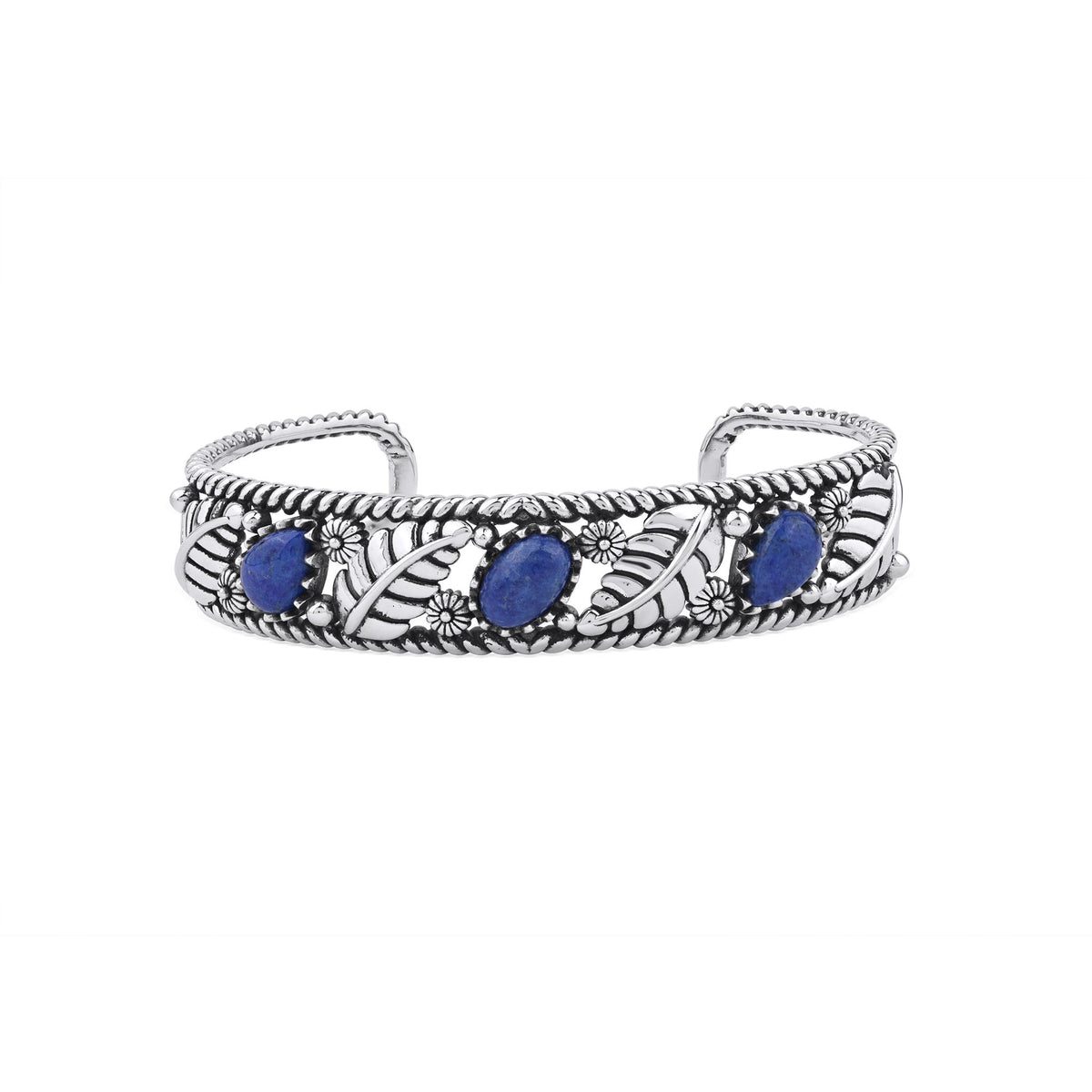 Sterling Silver Lapis Oval and Pear Leaf Cuff Bracelet, Sizes Small to Large