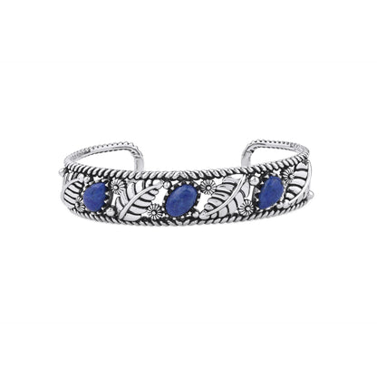 Sterling Silver Lapis Oval and Pear Leaf Cuff Bracelet, Sizes Small to Large