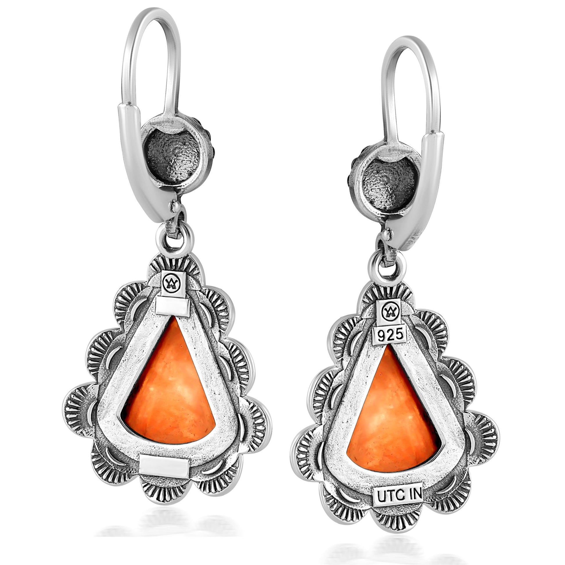 LIMITED EDITION! Sterling Silver Orange Spiny Oyster Scalloped Triangle Cut Dangle Earrings