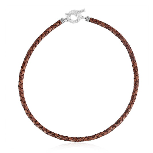 Sterling Silver Braided Antique Brown Leather Toggle Necklace