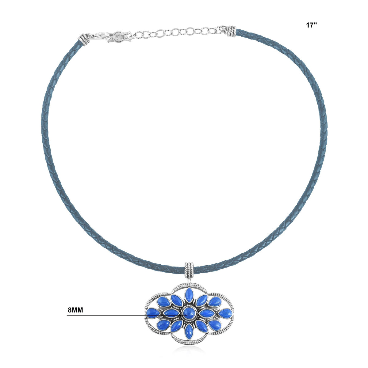 Sterling Silver Denim Lapis Blue Leather Cluster Necklace, 17 to 20 Inches