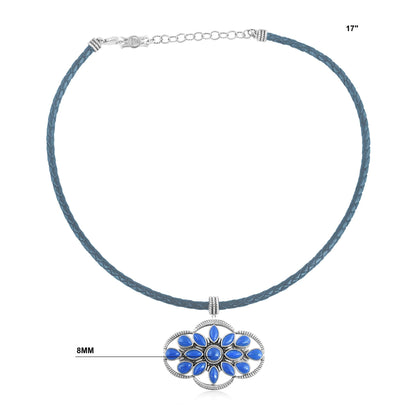 Sterling Silver Denim Lapis Blue Leather Cluster Necklace, 17 to 20 Inches