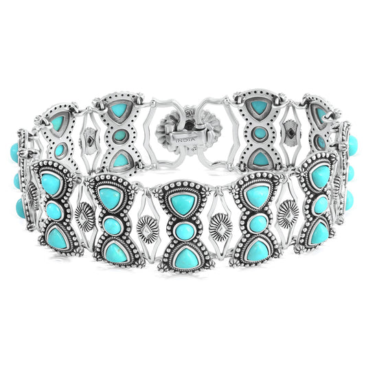 Sterling Silver Kingman Turquoise Round and Trillion Cut Link Bracelet, Sizes Small to Large