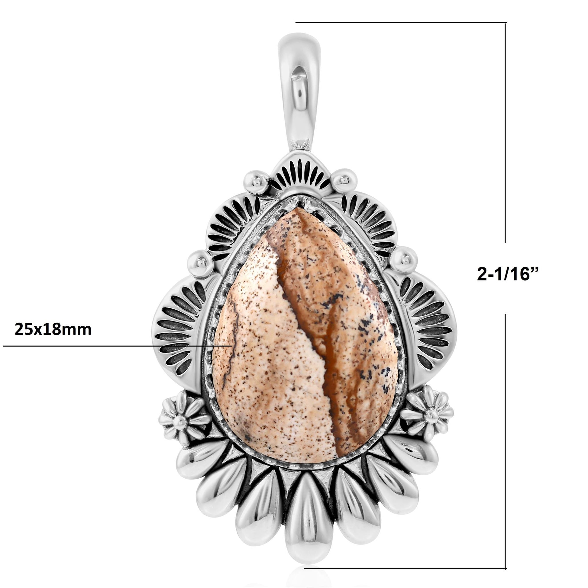 Sterling Silver Picture Jasper Scalloped Pear Pendant Enhancer
