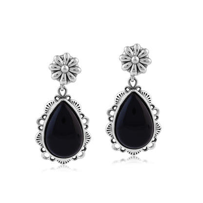  Sterling Silver Black Onyx Pear-Cut Concha Dangle Earrings