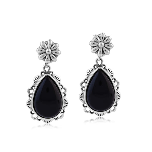  Sterling Silver Black Onyx Pear-Cut Concha Dangle Earrings