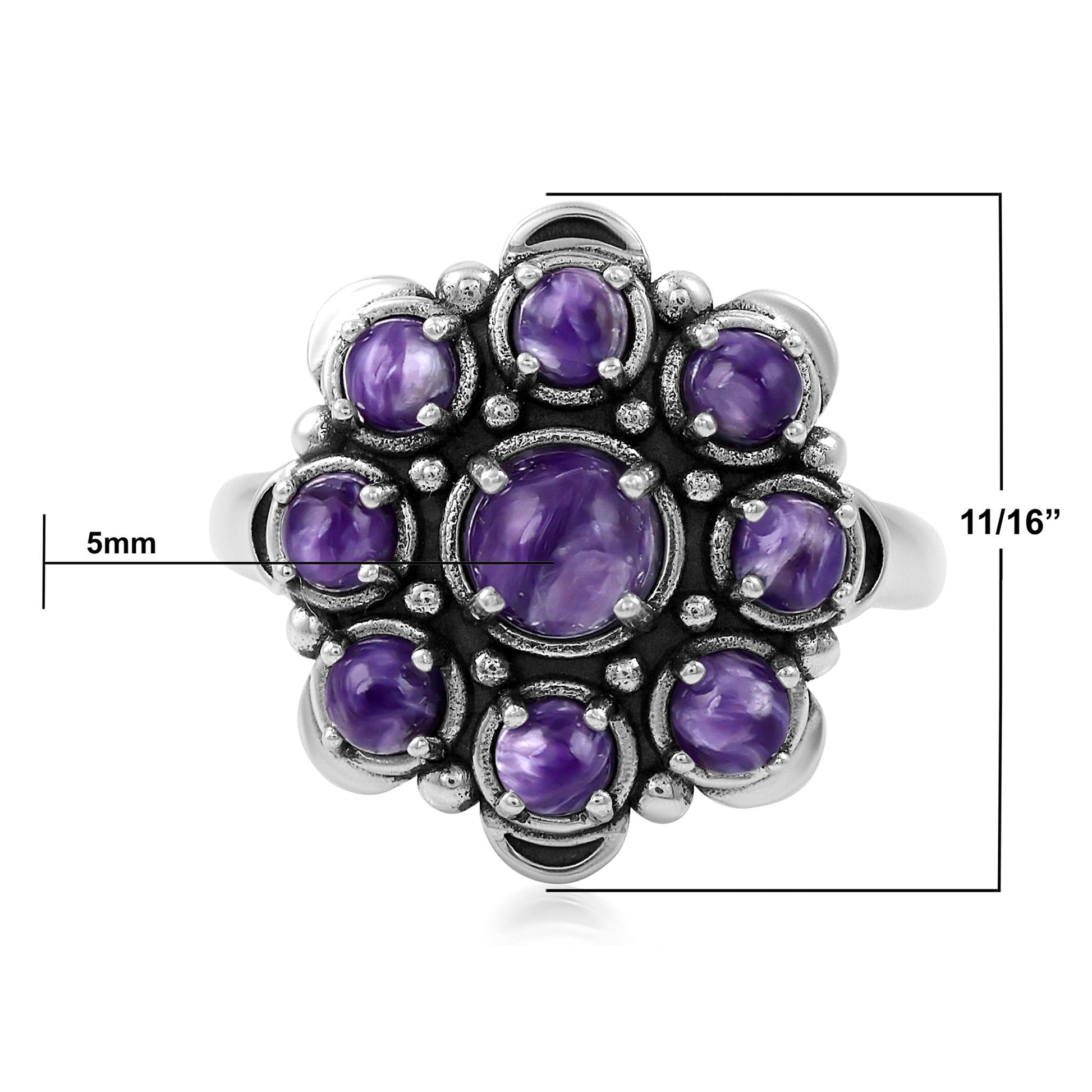 Sterling Silver Charoite Round Cut Flower Cluster Ring