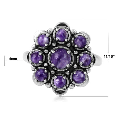 Sterling Silver Charoite Round Cut Flower Cluster Ring