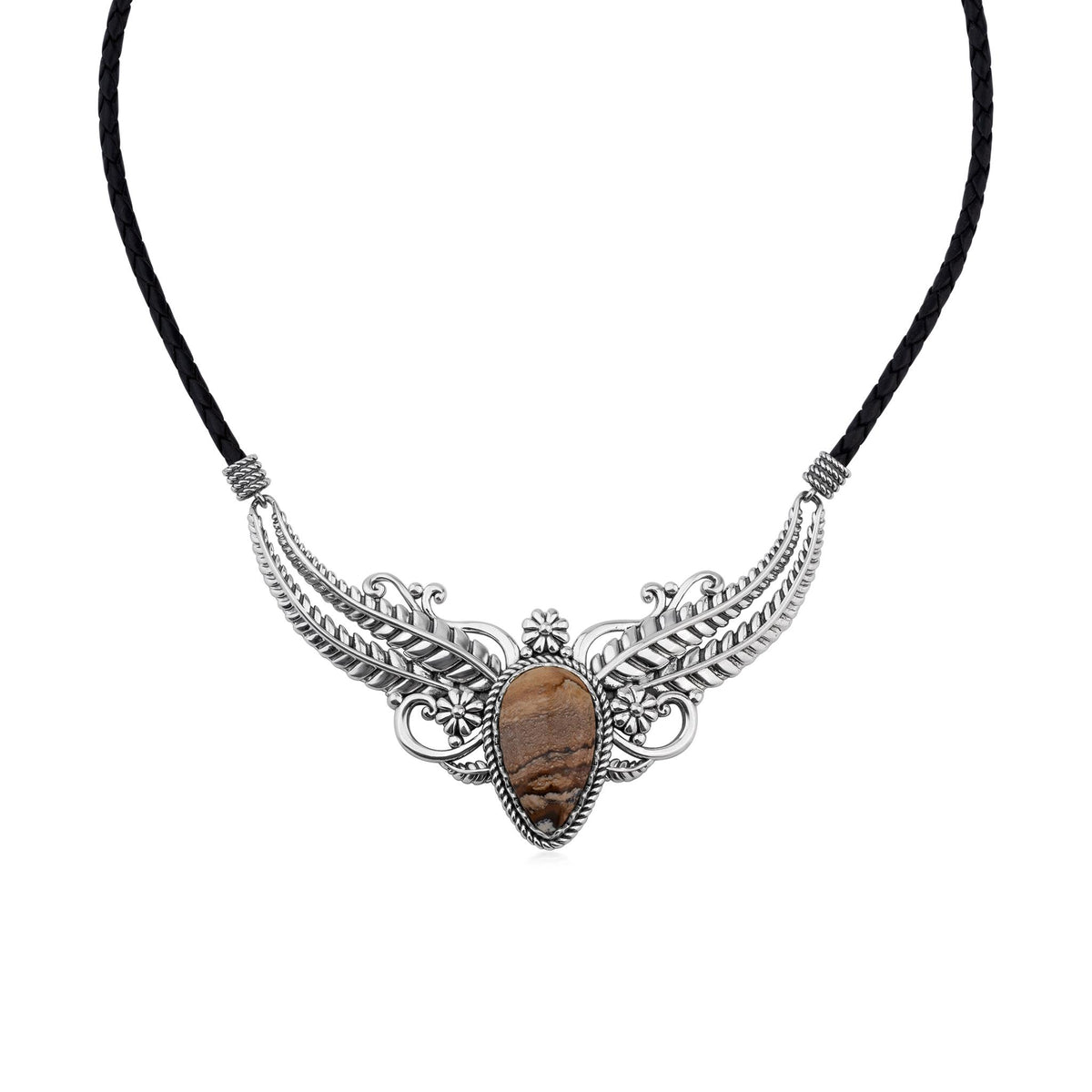 Sterling Silver Picture Jasper Vine and Leaf Leather Necklace, 17 to 20 Inches