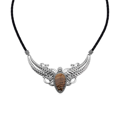 Sterling Silver Picture Jasper Vine and Leaf Leather Necklace, 17 to 20 Inches