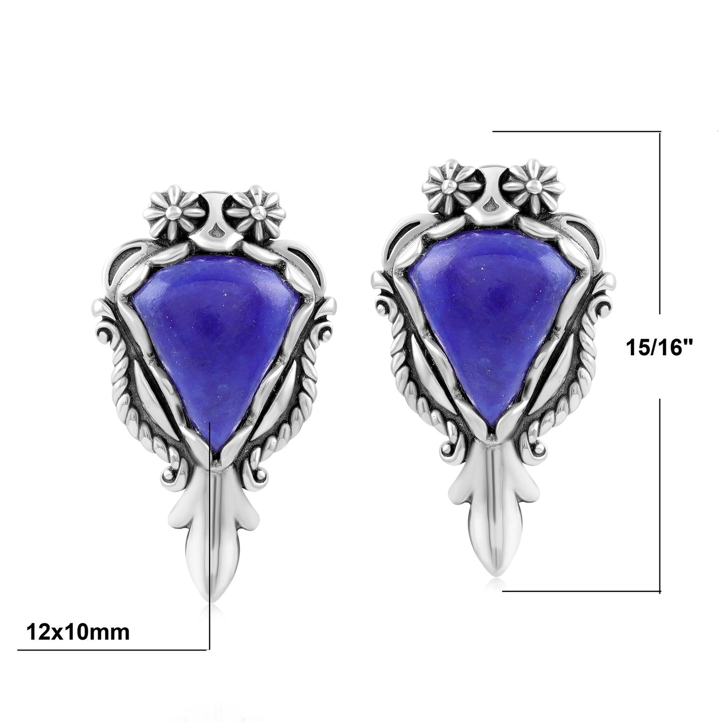 Sterling Silver Lapis Pear Gemstone Squash Blossom Earrings 