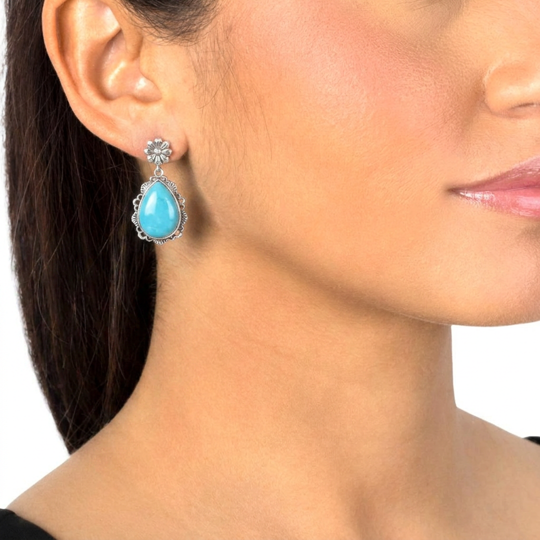 Sterling Silver Kingman Turquoise Pear-Cut Concha Dangle Earrings