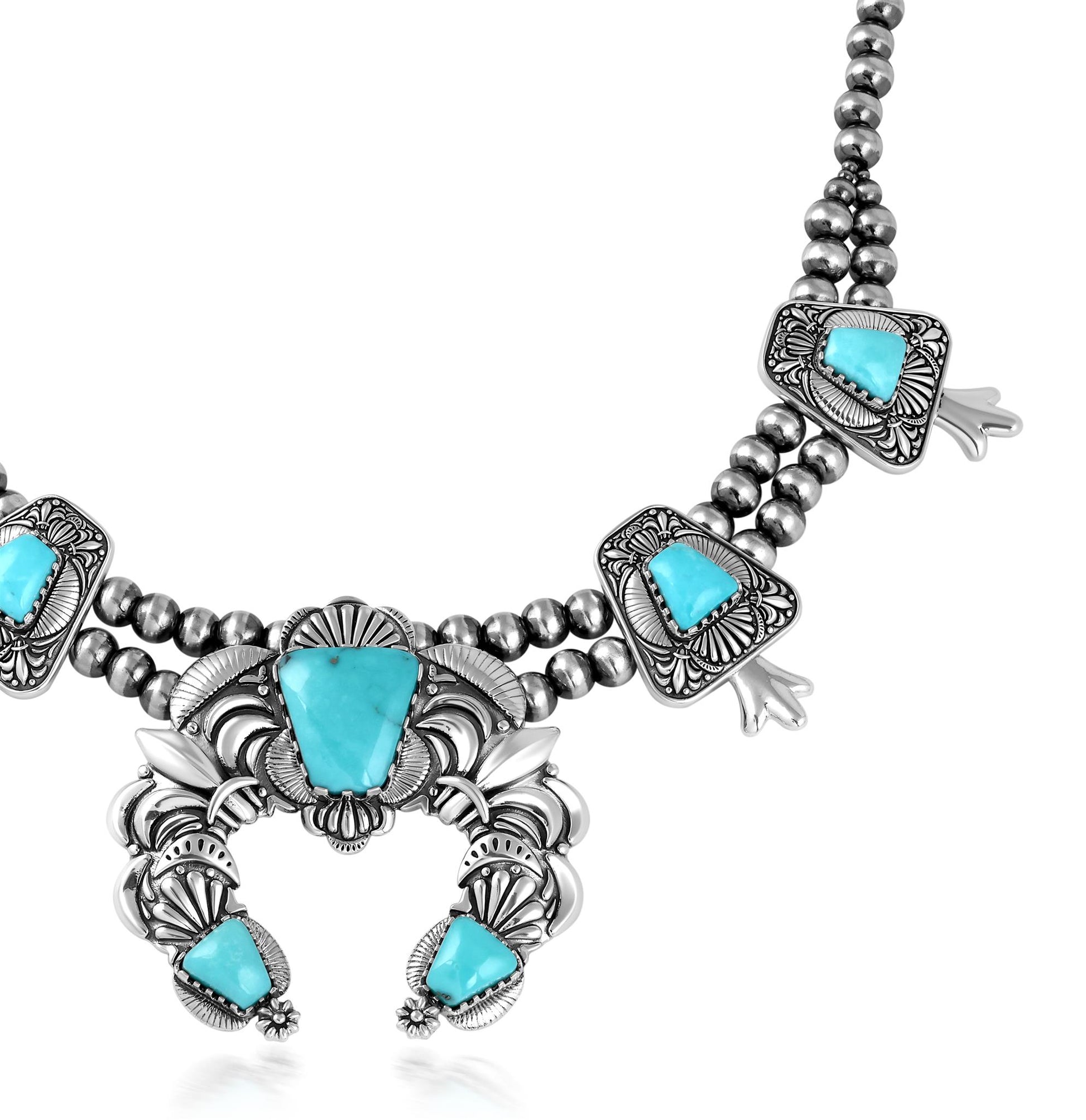 LIMITED EDITION! Sterling Silver Kingman Turquoise Trapezoid Squash Blossom Necklace