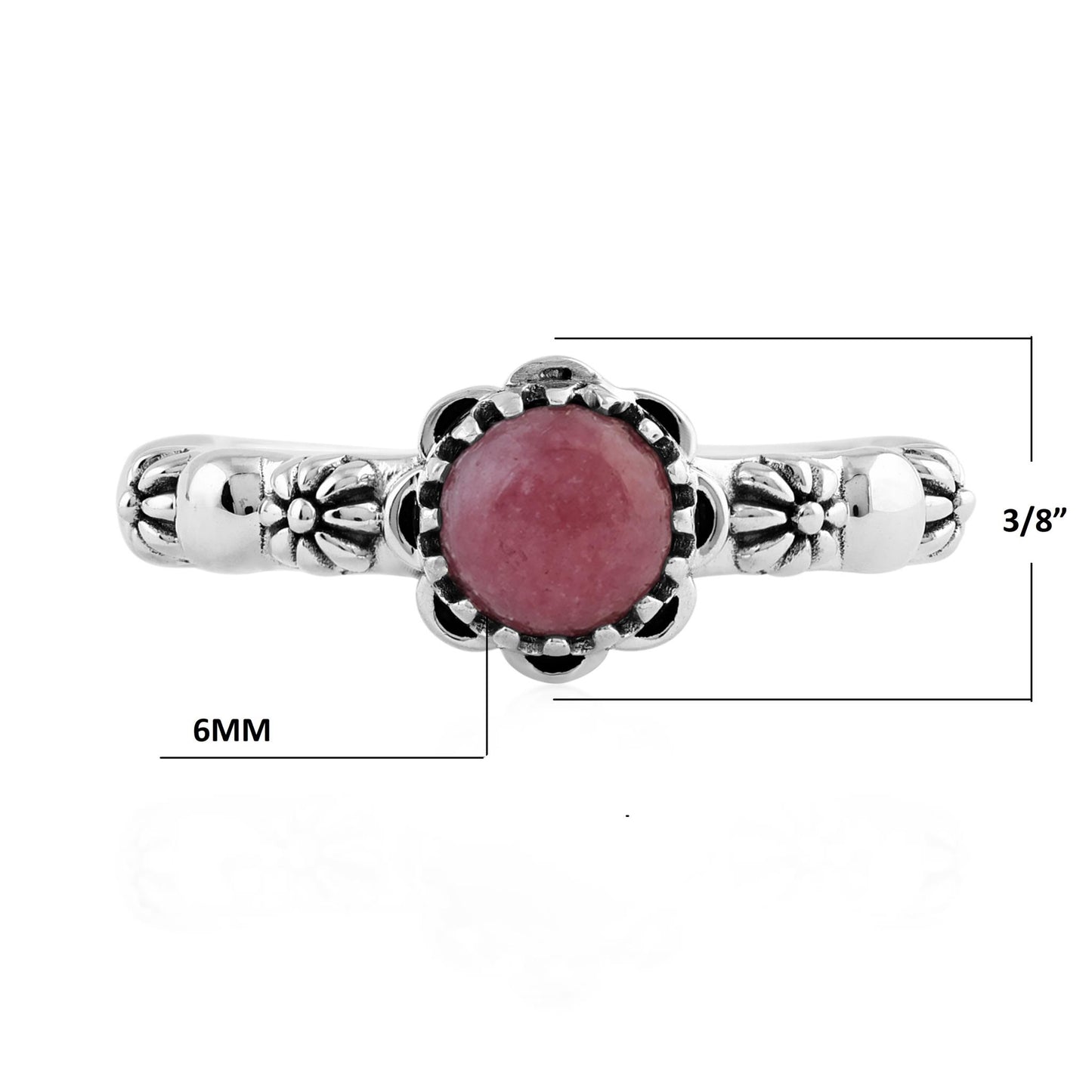  Sterling Silver Rhodonite Single Row Concha Flower Ring