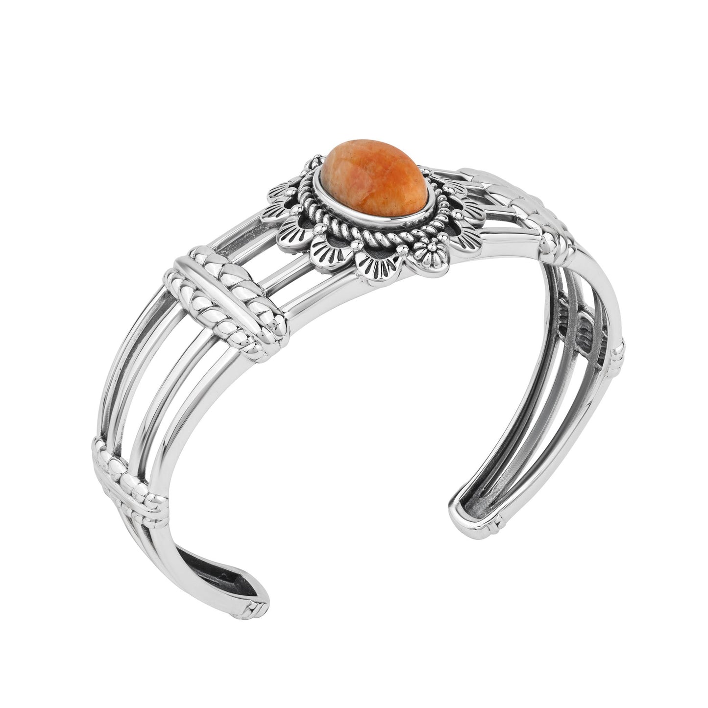  Sterling Silver Orange Spiny Oyster Oval Scallop Open Cuff Bracelet