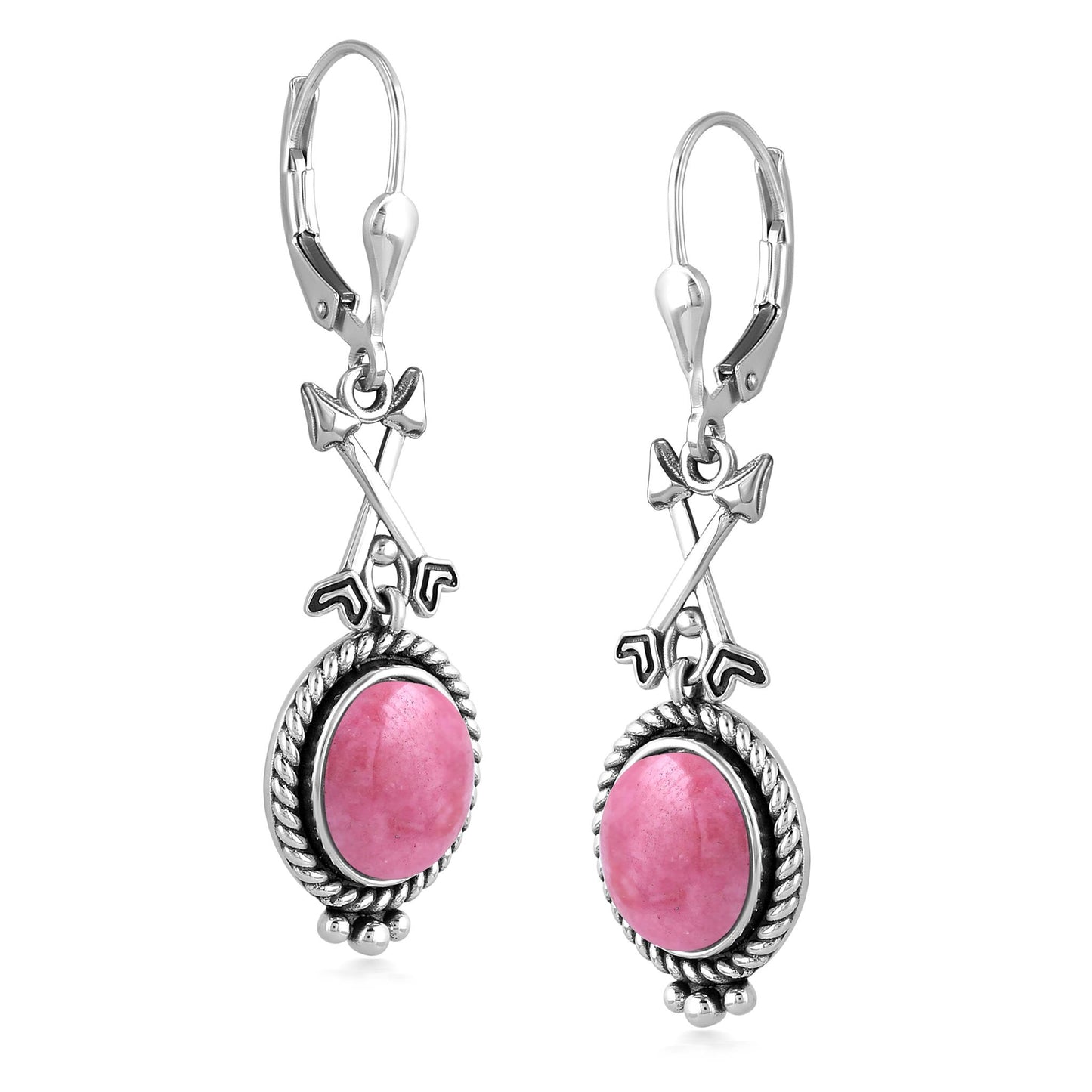 Sterling Silver Rhodonite Crossed Arrow Drop and Dangle Earrings