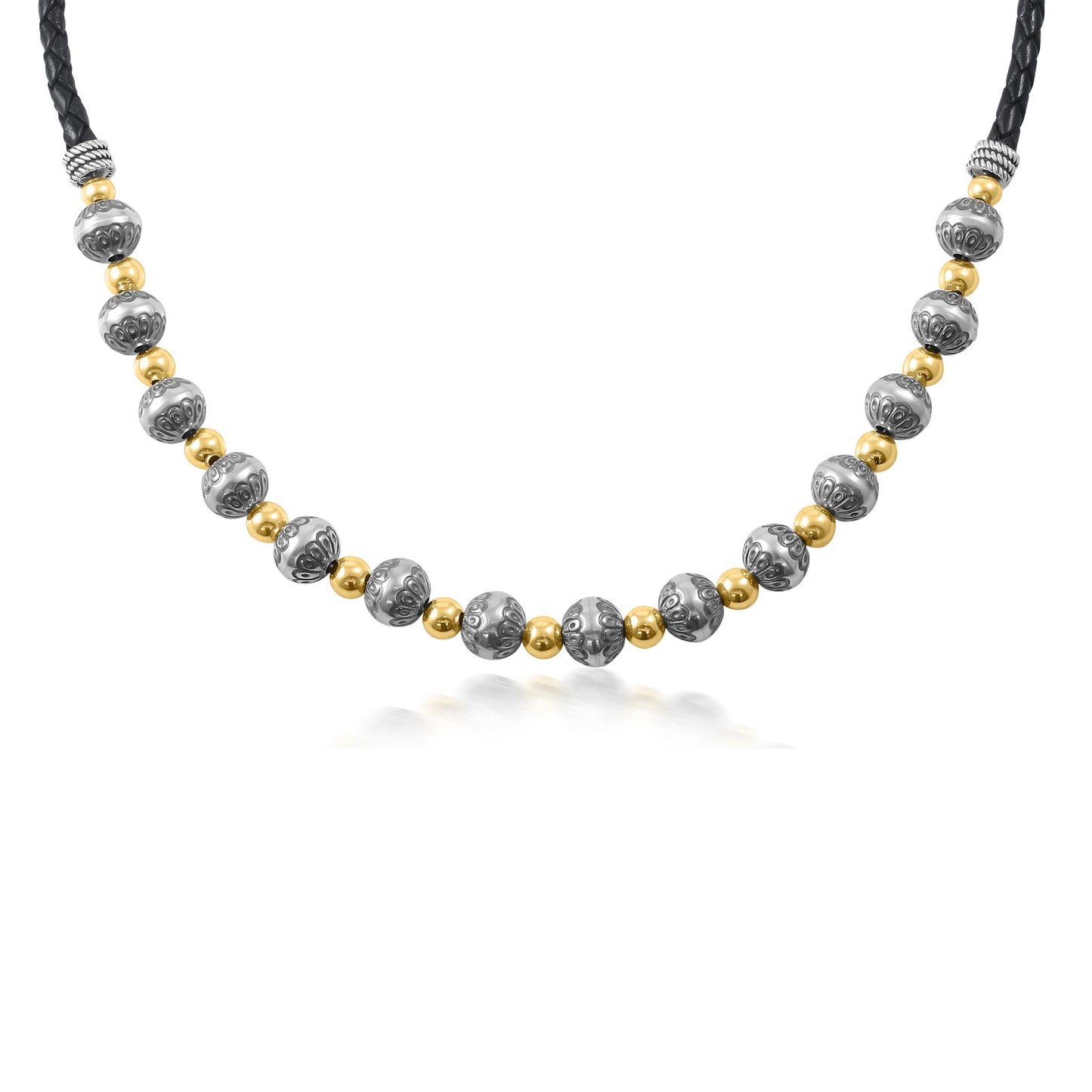 Sterling Silver and 14K Gold Black Leather 2-Tone Native Pearl Beaded Necklace