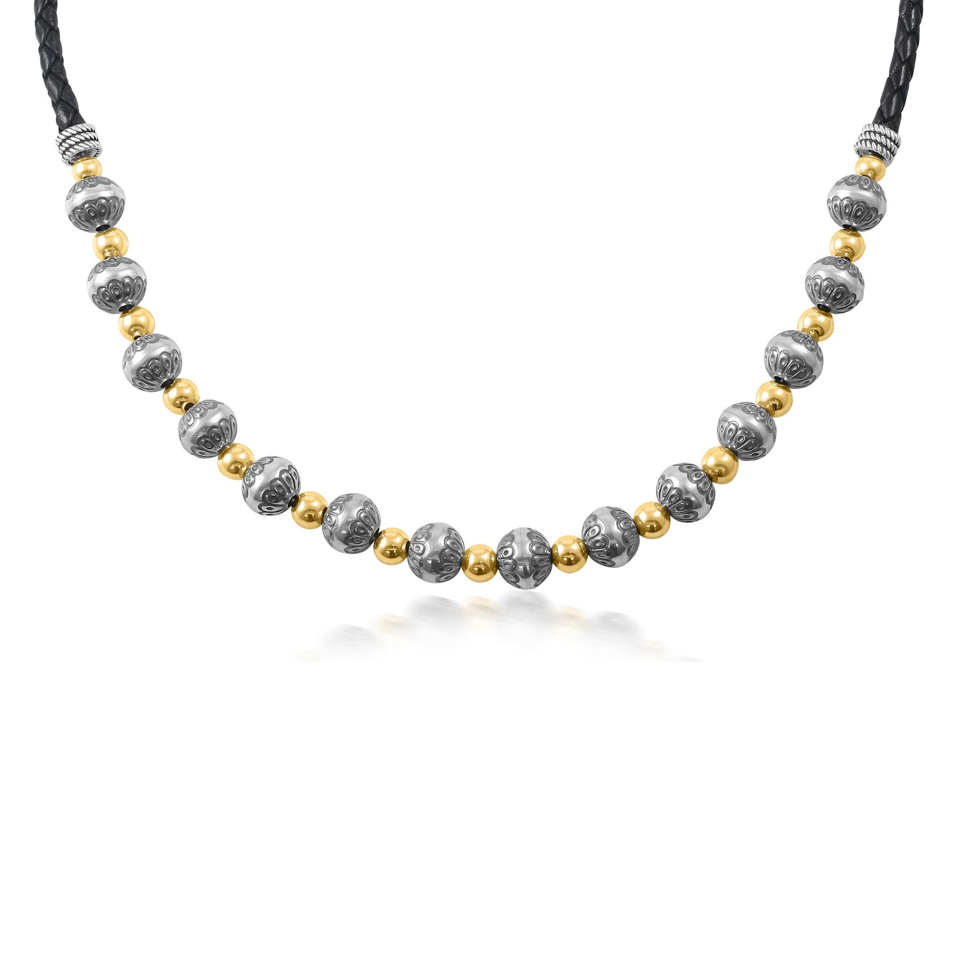 Sterling Silver and 14K Gold Black Leather 2-Tone Native Pearl Beaded Necklace