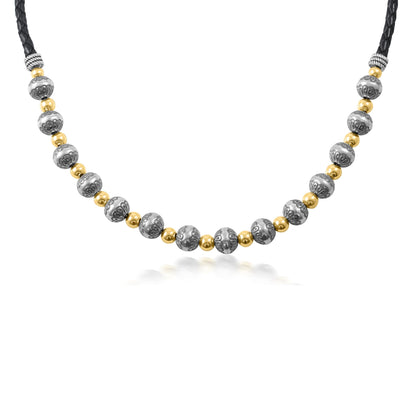 Sterling Silver and 14K Gold Black Leather 2-Tone Native Pearl Beaded Necklace