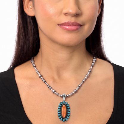 Sterling Silver Orange Spiny Oyster Kingman Turquoise Petit Point Oval and Pear Pendant Enhancer 