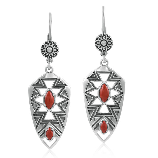 Sterling Silver Marquise Red Jasper Patterned Lever Back Earrings 