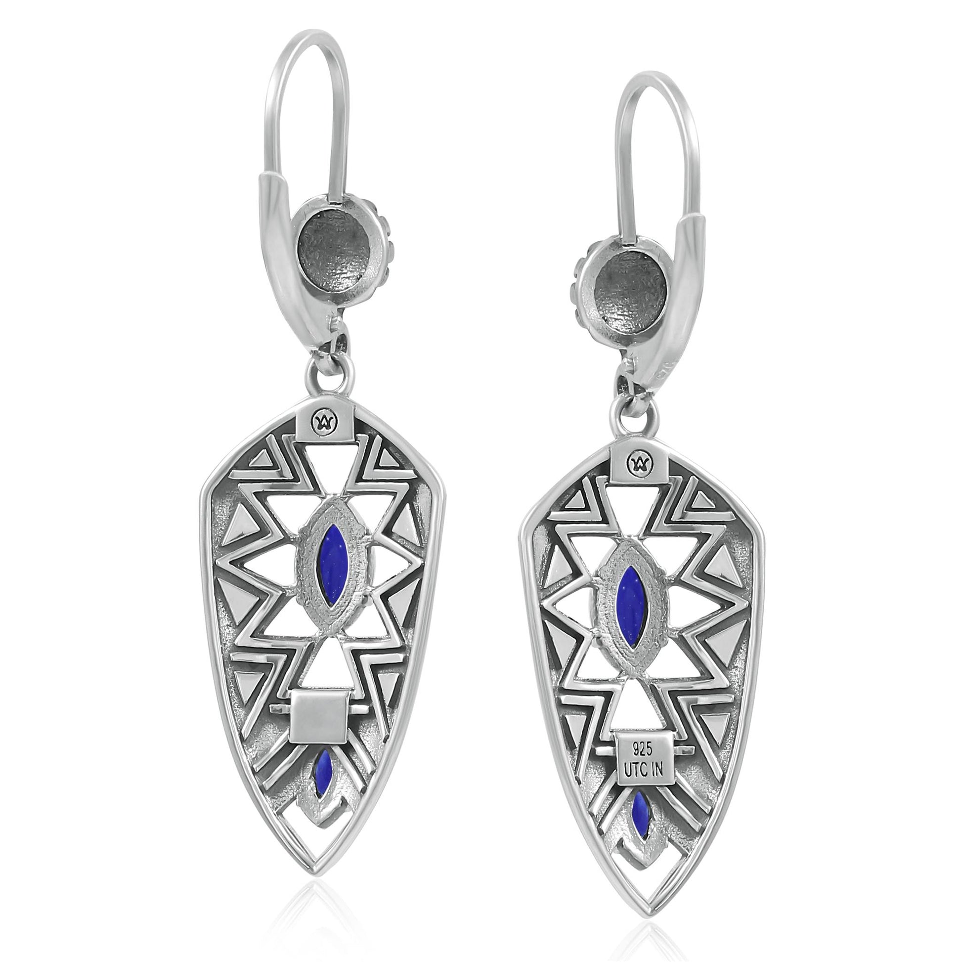 Sterling Silver Marquise Lapis Patterned Lever Back Earrings 