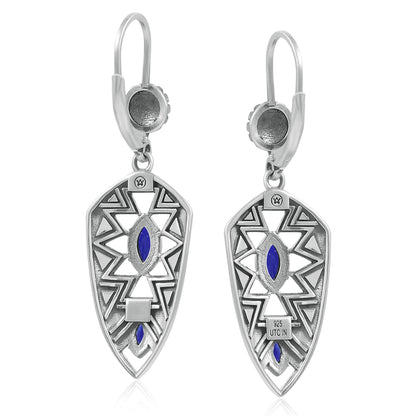Sterling Silver Marquise Lapis Patterned Lever Back Earrings 