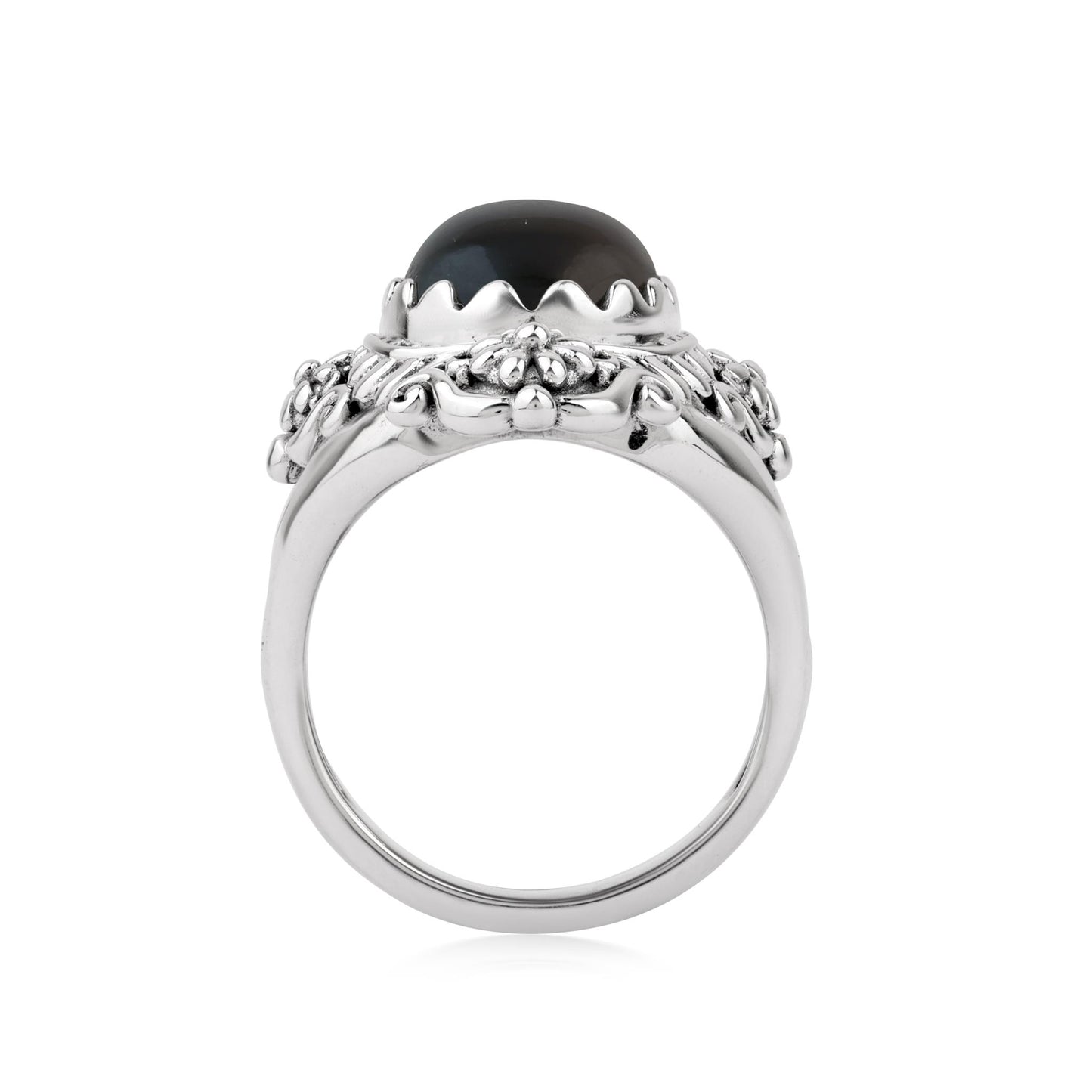  Sterling Silver Black Onyx Oval Scalloped Concha Ring